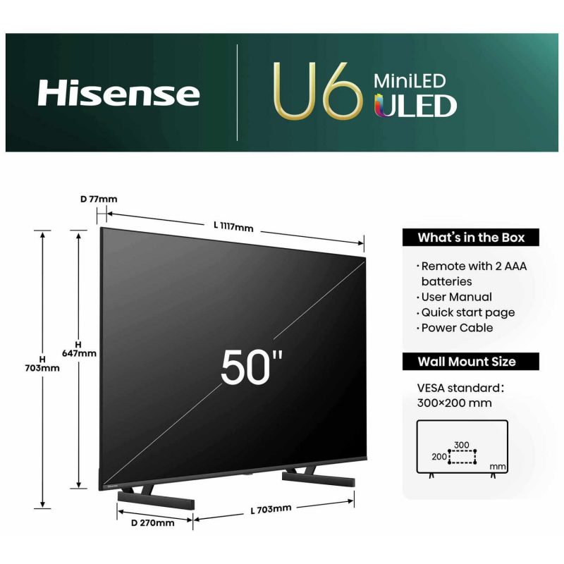 Hisense 50 In 50U6NQTUK Smart 4K UHD HDR Mini LED Freely TV