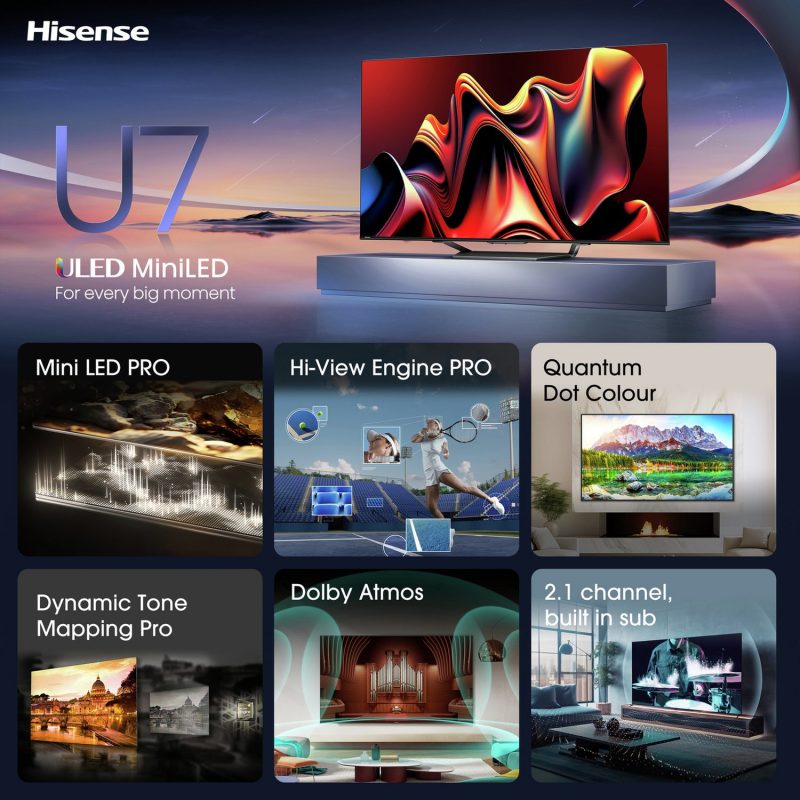 Hisense 55 In 55U7NQTUK Smart 4K UHD HDR Mini LED Freely TV