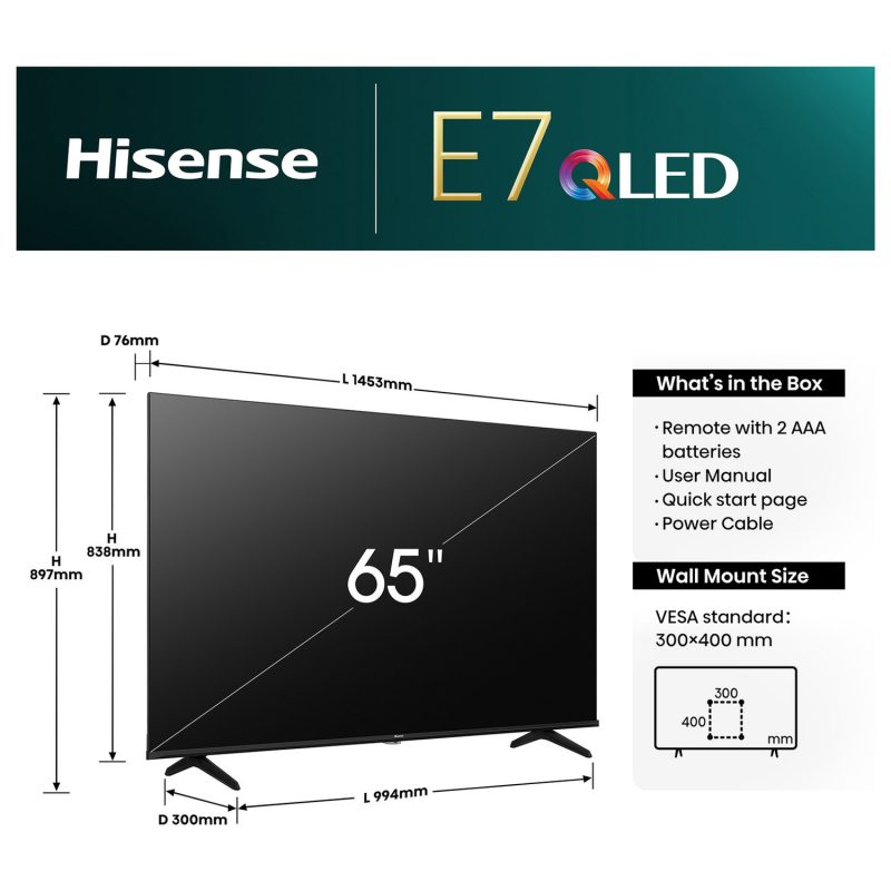 Hisense 65 Inch 65E78NQTUK Smart 4K HDR UHD QLED Freely TV