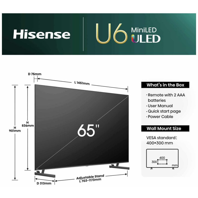 Hisense 65 In 65U6NQTUK Smart 4K UHD HDR Mini LED Freely TV