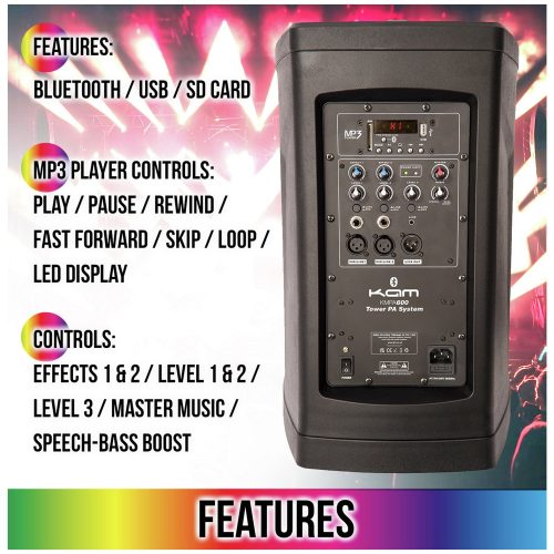 KAM KMPA600 Compact Tower PA System with Lighting - 240W - Image 2