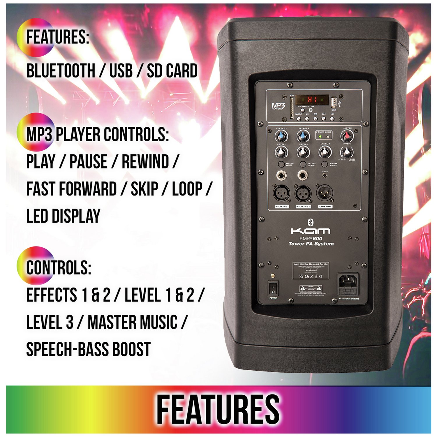 KAM KMPA600 Compact Tower PA System with Lighting - 240W - Image 2