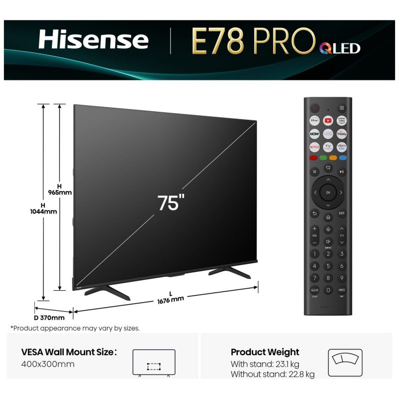 Hisense 75 In 75E78QTUK PRO Smart 4K UHD HDR QLED Freely TV