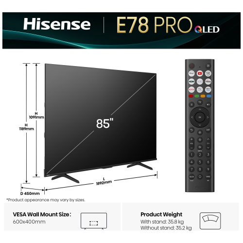 Hisense 85 In 85E78QTUK PRO Smart 4K UHD HDR QLED Freely TV - Image 2