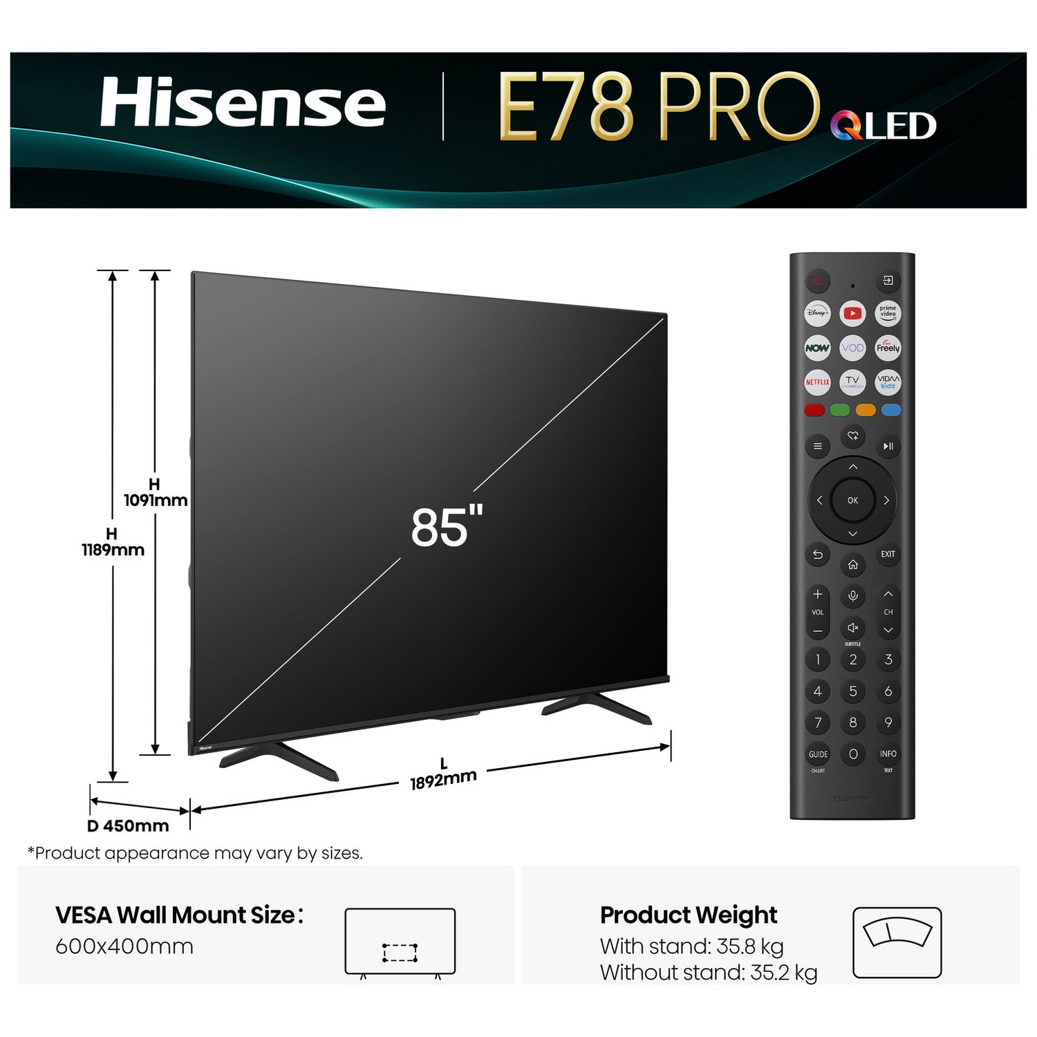 Hisense 85 In 85E78QTUK PRO Smart 4K UHD HDR QLED Freely TV - Image 2