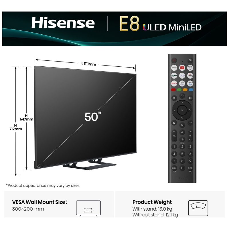 Hisense 50Inch 50E8QTUK Smart 4K UHD HDR LCD Freely TV