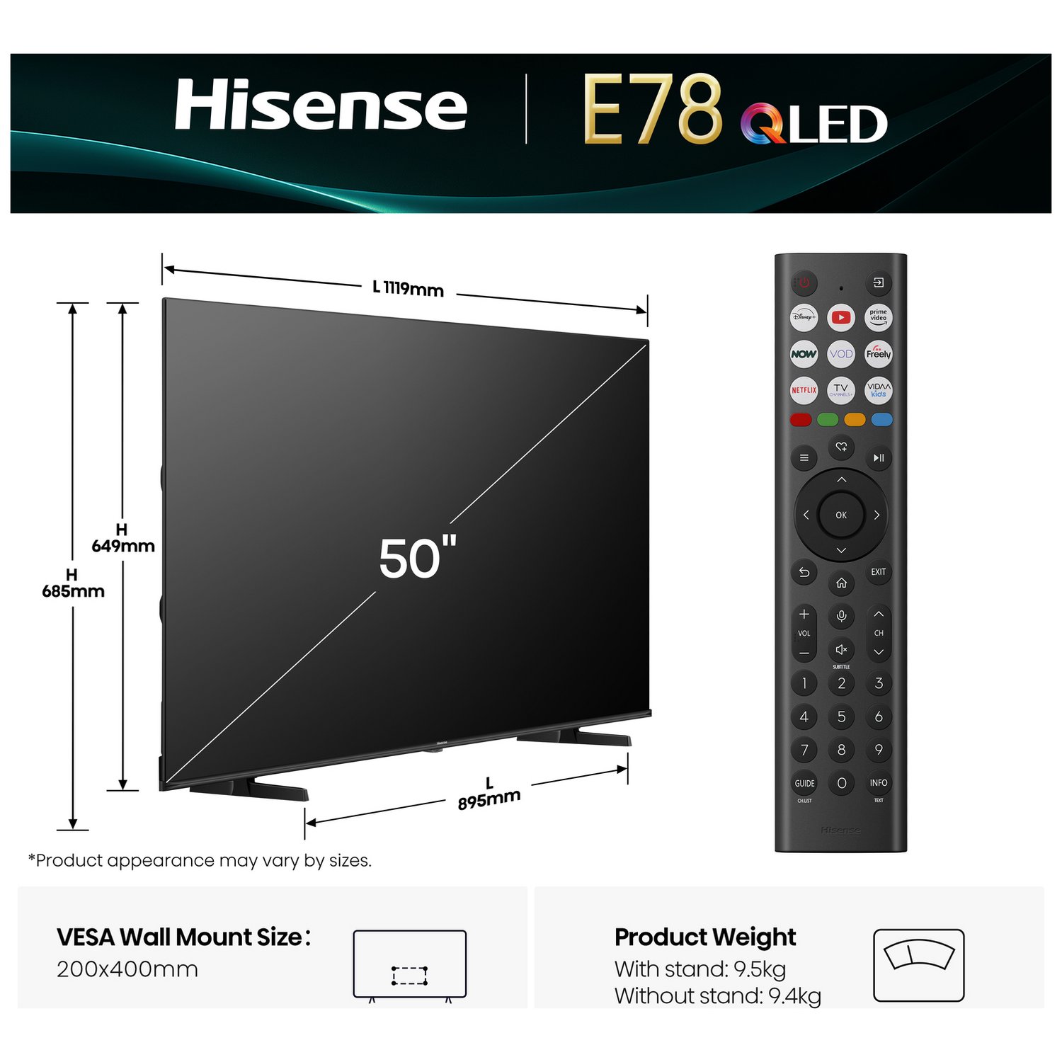 Hisense 50 Inch 50E78QTUK Smart 4K UHD HDR QLED Freely TV - Image 2