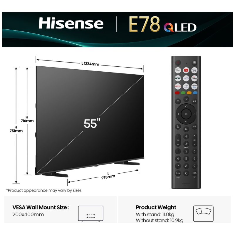 Hisense 55 Inch 55E78QTUK Smart 4K UHD HDR QLED Freely TV