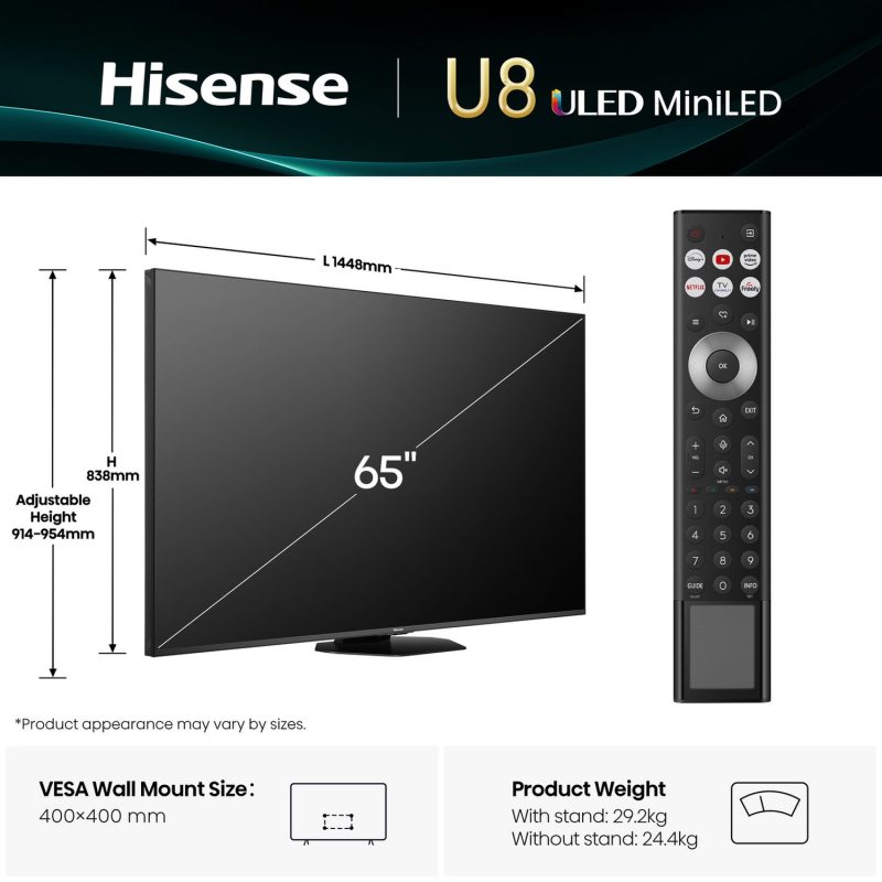 Hisense 65inch 65U8QTUK Smart AI 4K UHD HDR Mini LED TV