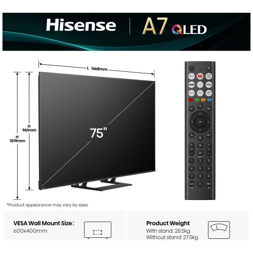 Hisense 75Inch 75A7QTUK Smart 4KUHD HRD QLED Freely TV - Image 2