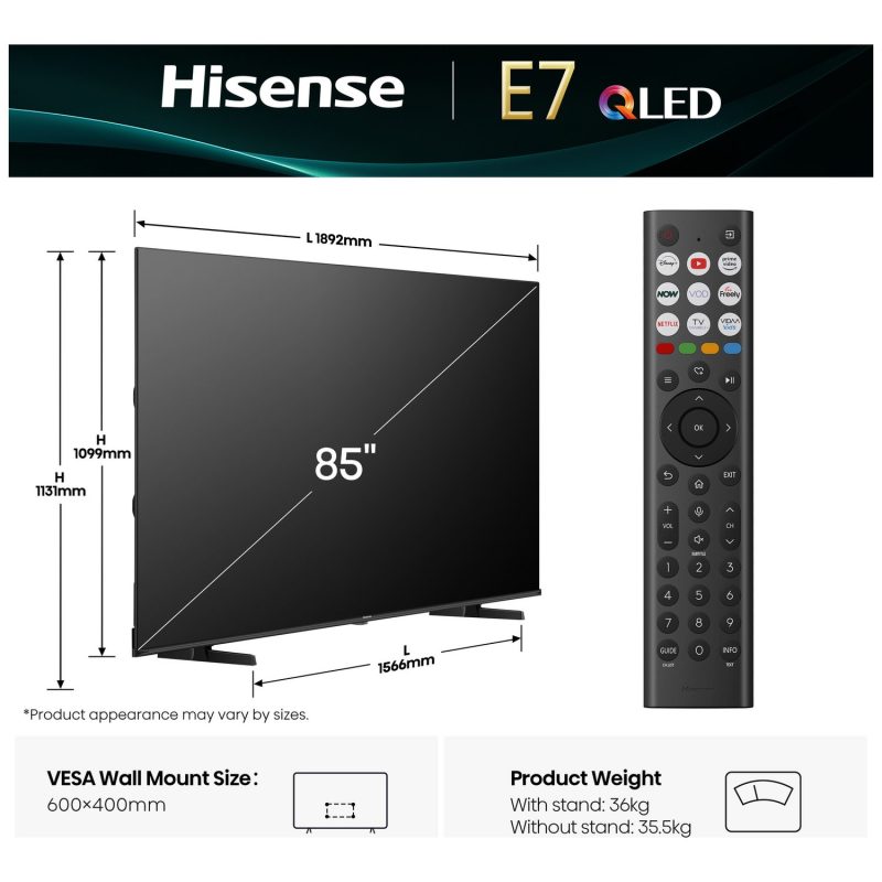 Hisense 85 Inch 85E7QTUK Smart 4K UHD HRD QLED Freely TV