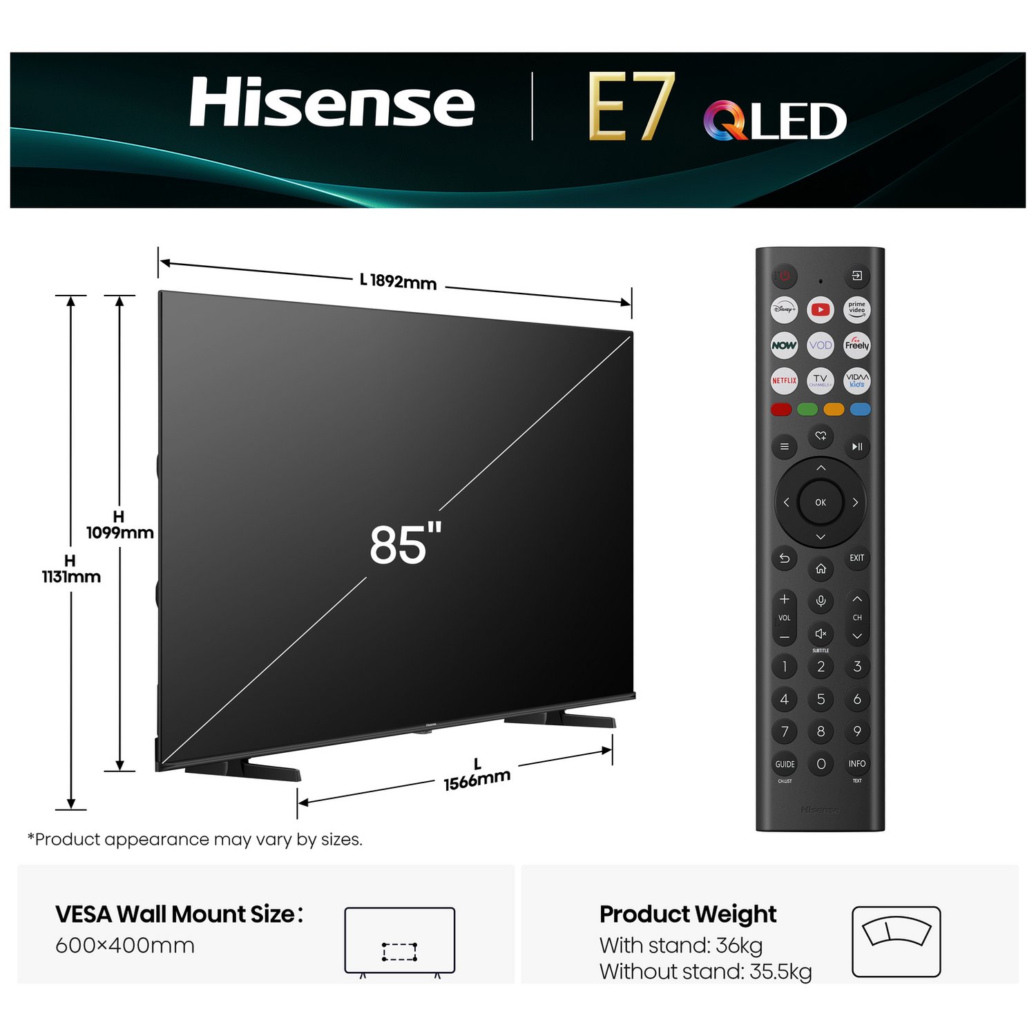 Hisense 85 Inch 85E7QTUK Smart 4K UHD HRD QLED Freely TV - Image 2