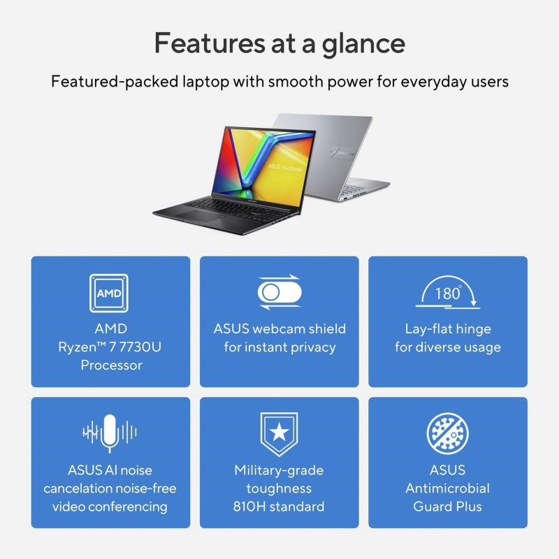 ASUS Vivobook 16in R7 16GB 1TB - Silver — 16" IPS, AMD Ryzen 7 7730U processor., Radeon graphics card., 16 GB RAM, 1TB