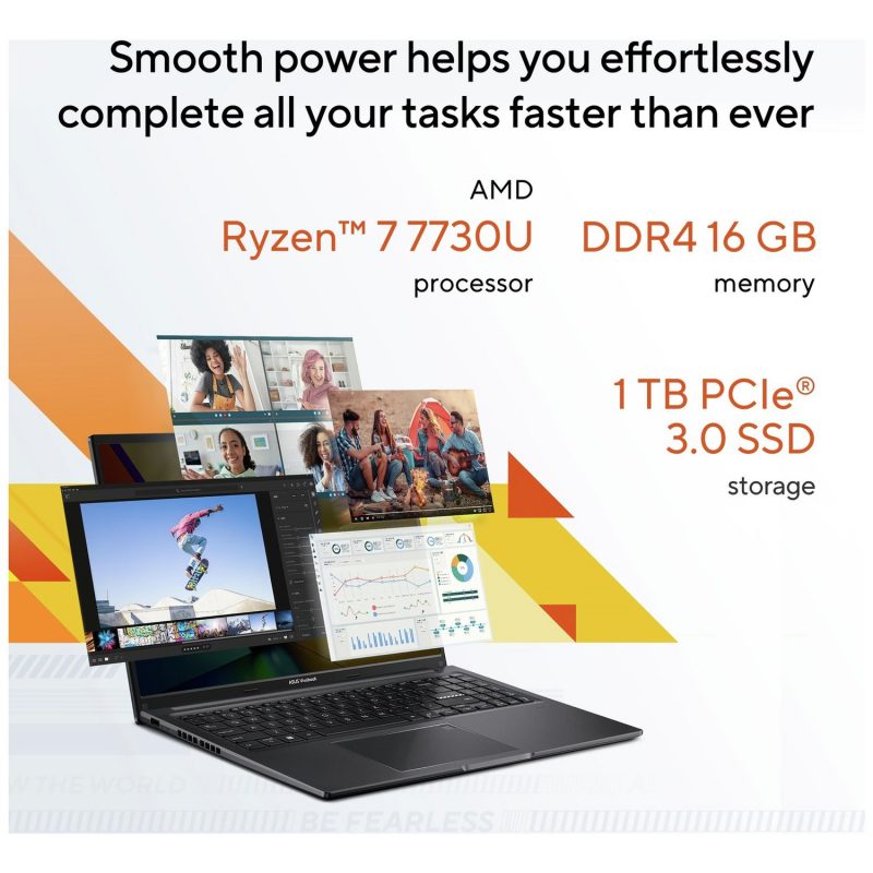 ASUS Vivobook 16in R7 16GB 1TB - Silver — 16" IPS, AMD Ryzen 7 7730U processor., Radeon graphics card., 16 GB RAM, 1TB